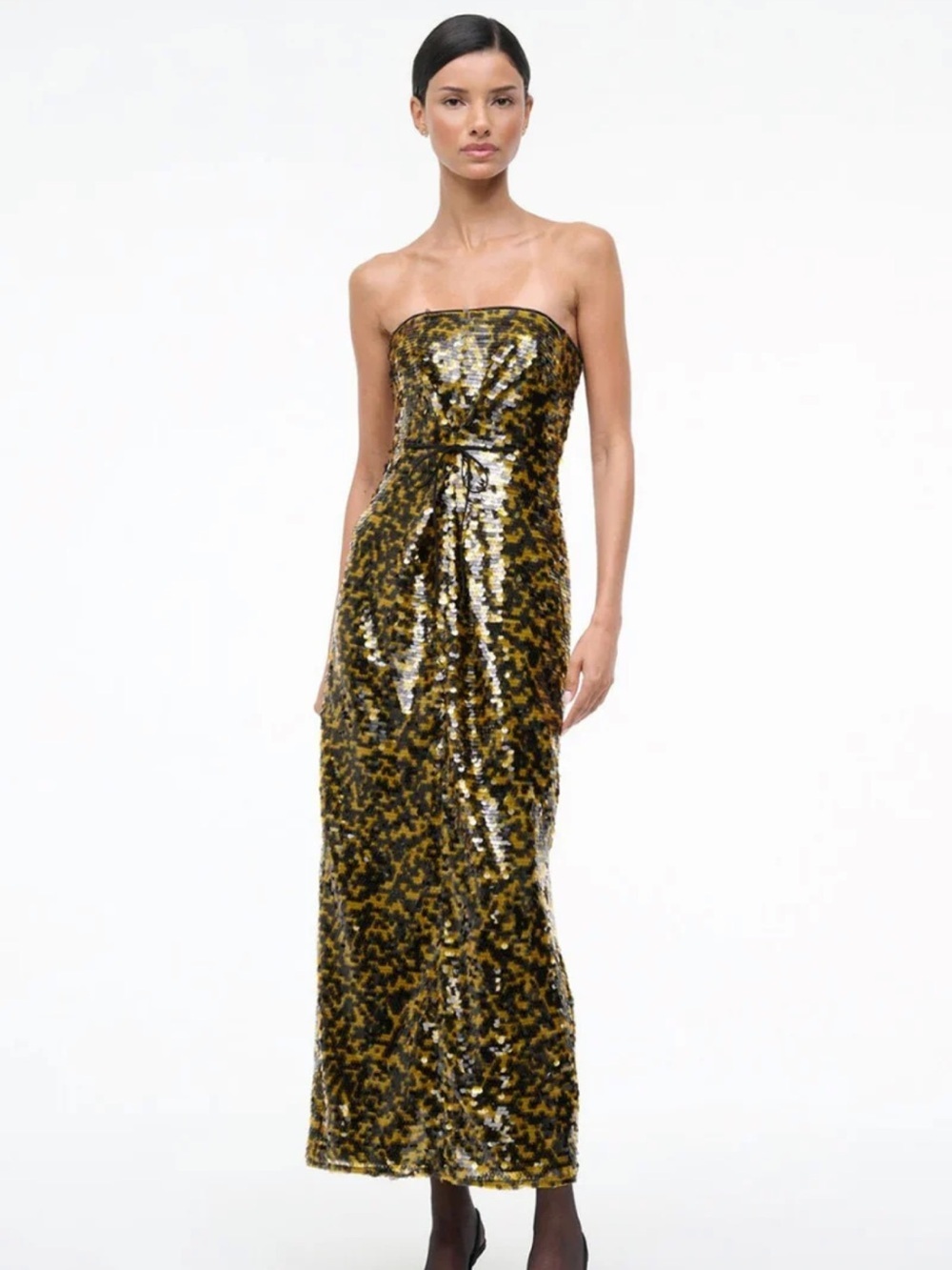 STAUD TURMERIC Cece Sequined Strapless Maxi Dress Strapless Gold Evening Gown 6